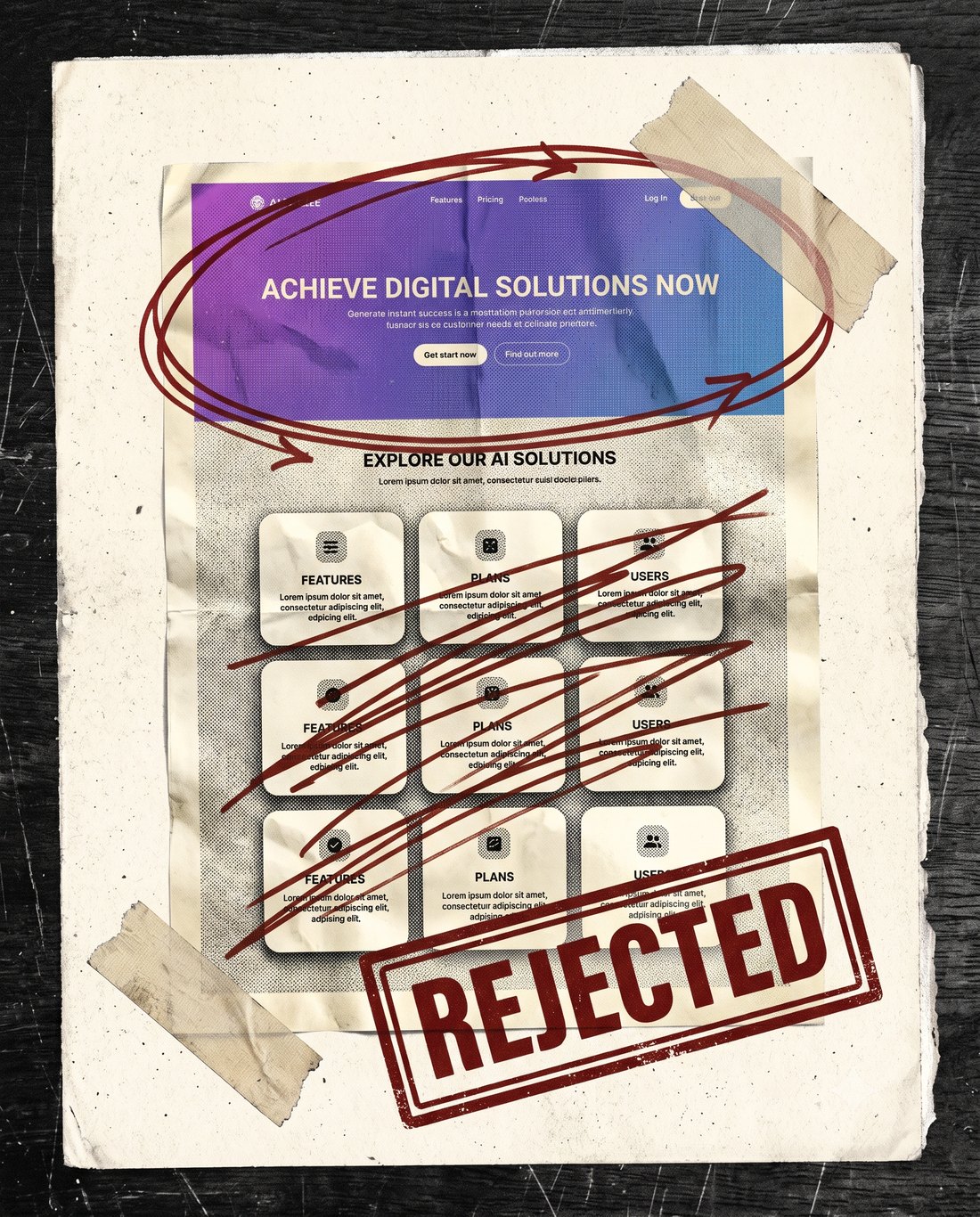 A crumpled printout of a generic AI-made landing page — purple gradient hero, grid of identical cards — graded in red ink with scribbles and a big REJECTED stamp